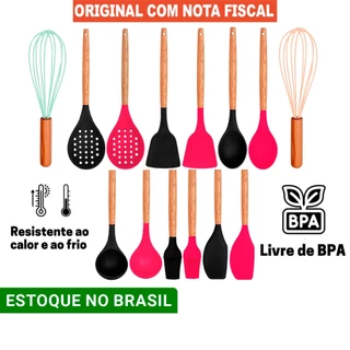 Utensílio de silicone cabo de madeira monte seu kit cores vermelha ou preta resistente