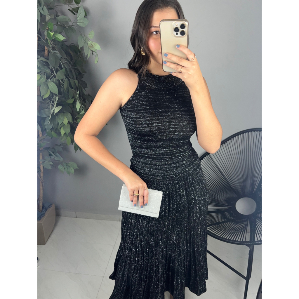 Vestido Longo Feminino Verão Soltinho Brilho Lurex Regata Gola Cava Tricot Luxo Ano Novo Festas Natal