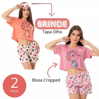 Kit 2 Baby Doll Cropped Pijama Curto com Tapa Olho Short Doll Feminino Adulto Malha Leve