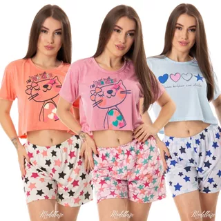 Baby Doll Pijama Cropped com Tapa Olho Short Doll Feminino Adulto Malha Leve