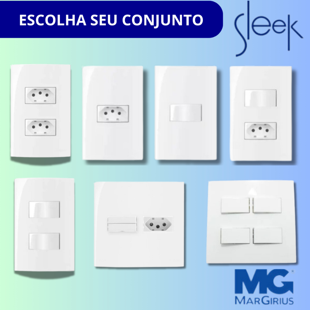 Conjuntos 4X2 completo Tomada Interruptor Margirius Sleek Branca Linha Completa 4x2 4x4