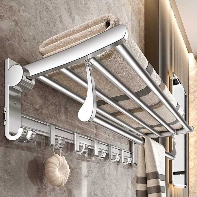 Porta Toalha Suporte Toalheiro Banheiro Duplo Aço Inox Premium Retratil 90° Prata e Preto