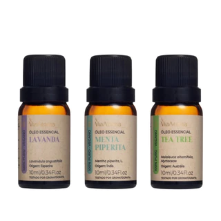Kit 3 Óleos Essenciais Via Aroma - Lavanda, Menta Piperita e Tea Tree