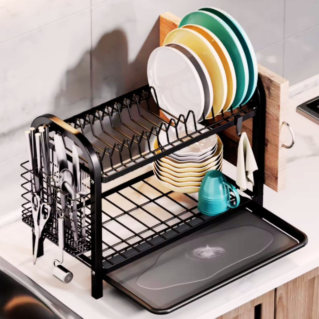Escorredor de Louça Prato Porta Talher Copo Duplo Preto Cozinha