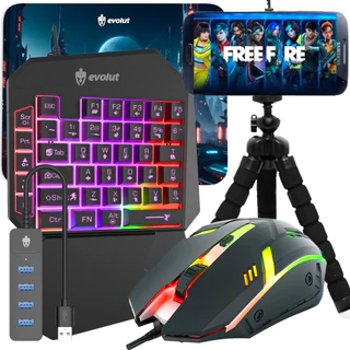 Kit Gamer Mobilador One Hand 60% Preto Led com fio Celular Teclado Mouse Tripé Usb Rgb Otg Tripé