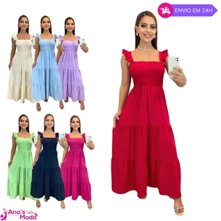 Vestido Feminino Longo Festa Alça Ciganinha Com Elastex Tecido Duna