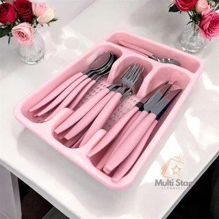 Jogo De Talheres cor Rosa Faqueiro Aço Inox Com Gaveteiro suporte colher garfo faca