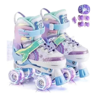 Patins Infantil 4 Rodas Ajustavel com luz de led Sereia Lilás ou Rosa + Kit Proteção.....