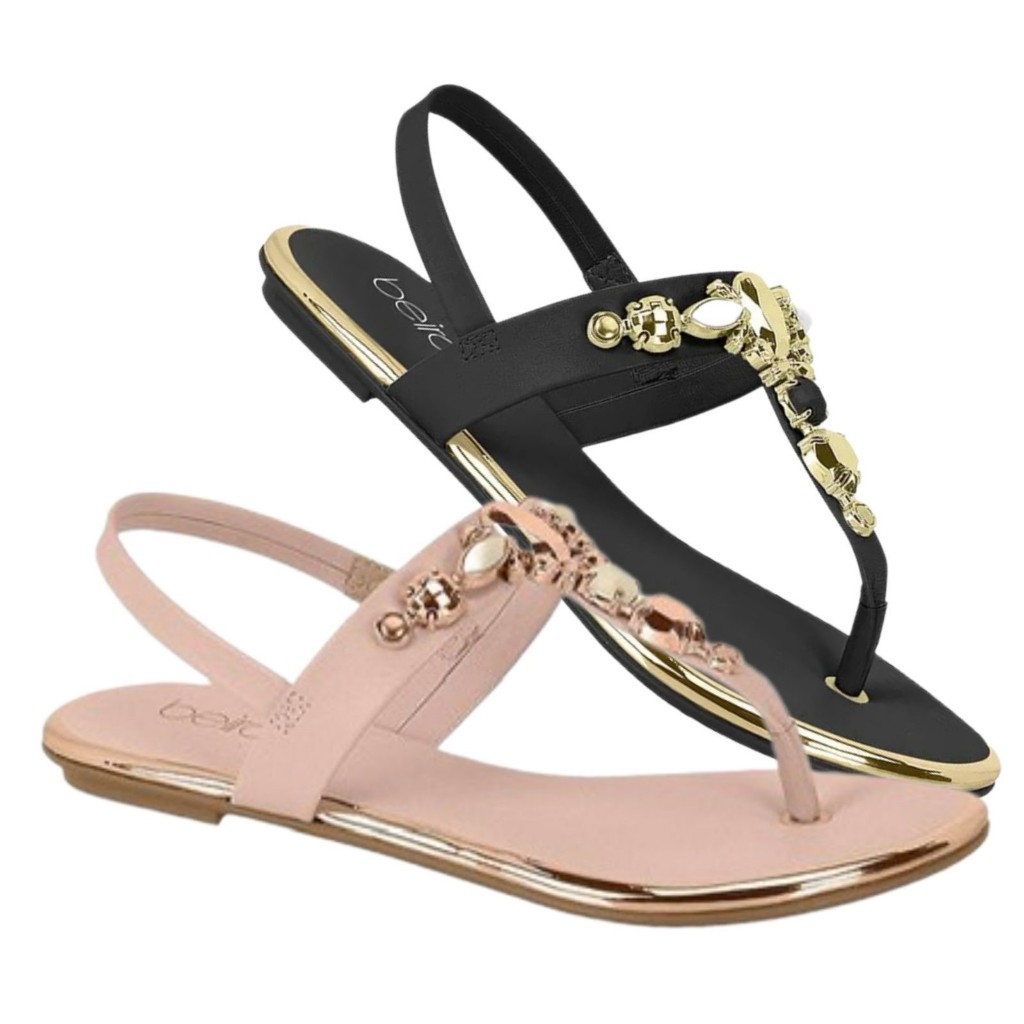 Sandália Beira Rio conforto rasteira feminina Baixa com pedraria