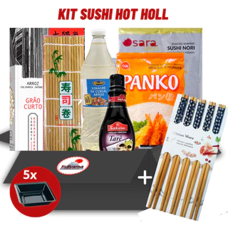 Kit Sushi Hot Holl Vinagre Sakura Alga 10 folhas Molho Tarê Arroz Grão Curto Farinha Panko Esteira