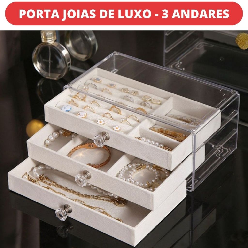 Caixa Porta Joias 3 Camadas Acrílico Luxo revestido Anel Colar Relógio armazenamento