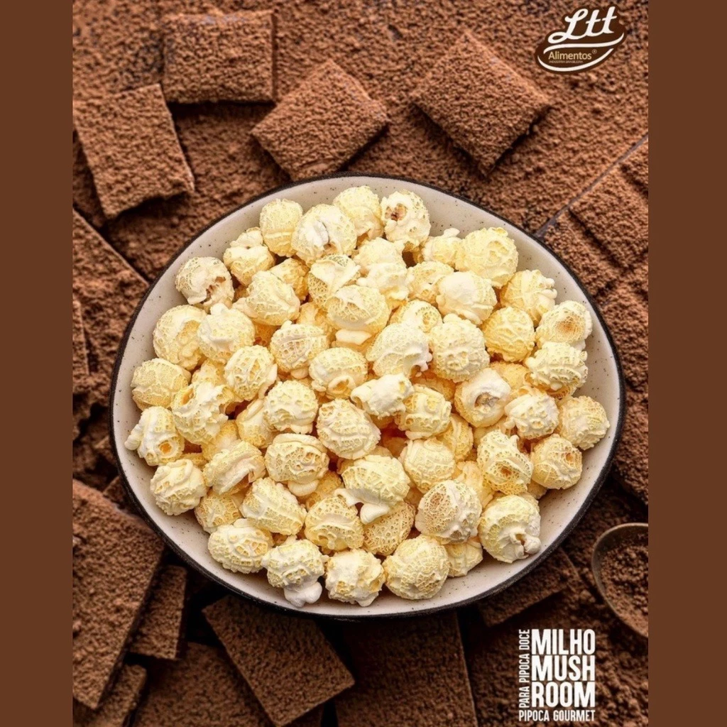 Tigela branca cheia de pipocas tipo mushroom redondas e crocantes, sobre uma base de quadrados de chocolate em pó e um fundo marrom escuro.