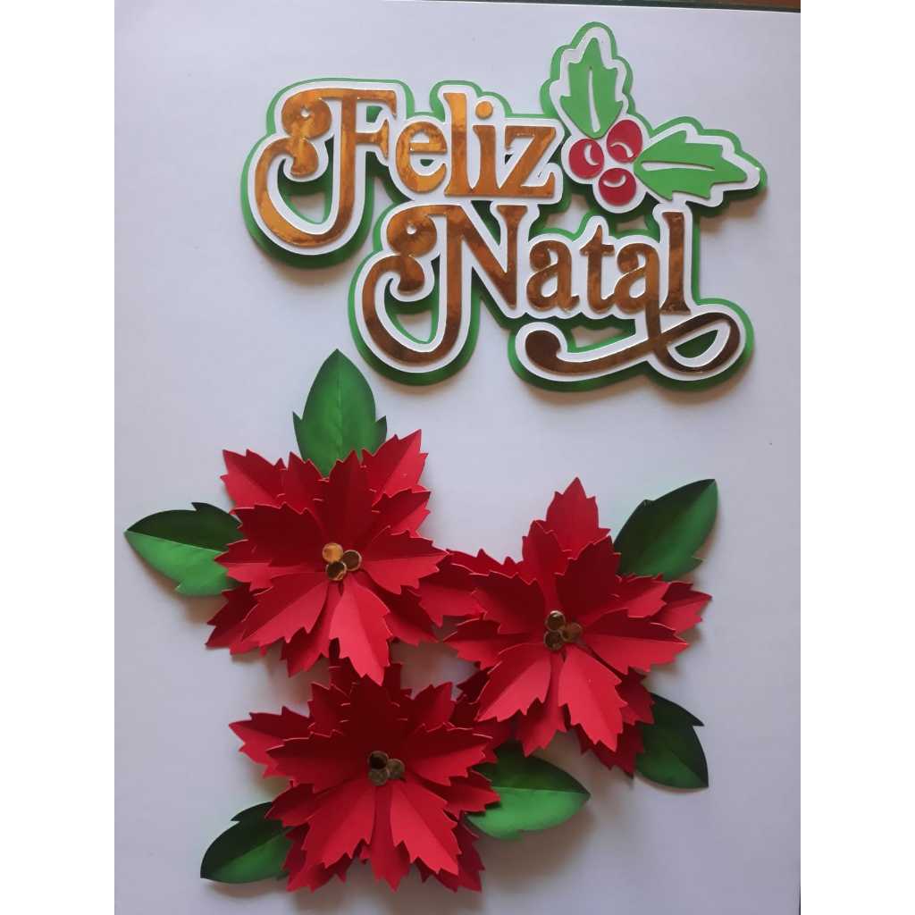 Topo Topper de Bolo Plaquinha Feliz Natal Vermelho Com Flores Decoração