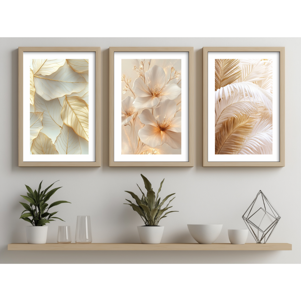 Kit 3 Quadros Decorativos Folhagem Dourada Gold Sala Grande Moderno