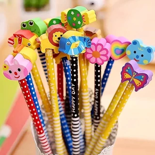 Kit 30 Lápis Com Borracha Na Ponta Infantil Colorido Bichinhos Frutas Bolas