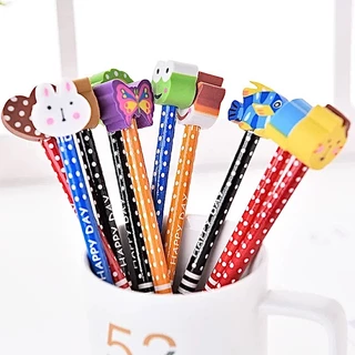 Kit 30 Lápis Com Borracha Na Ponta Infantil Colorido Bichinhos Frutas Bolas
