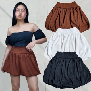 Saia Balonê Ana Ruga Curta Cintura Alta Moda Gringa Fashion Tendência