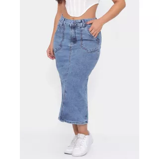 Saia Lápis Midi Jeans Com Fenda Na Frente Moda Modesta