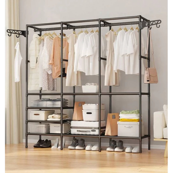 PROMOÇÃO Guarda Roupa Portátil Arara Multifuncional Desmontável Organizador Estrutura de Aço 3 compartimentos POPYO