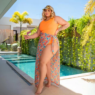 Maio Feminino Praia Plus Size Com Pareô Saída Banho De Praia Canga Moda Maior Curve
