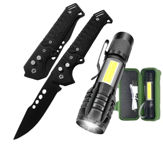 Canivete Tático Militar Grande Bolso Saque Rápido Automático + Lanterna Potente Recarregável Tática