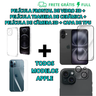 (KIT IPHONE NOVO) PELÍCULA FRONTAL DE VIDRO 3D + PELÍCULA TRASEIRA DE CERÂMICA + PELÍCULA DE CÂMERA 3D + CAPA DE TPU