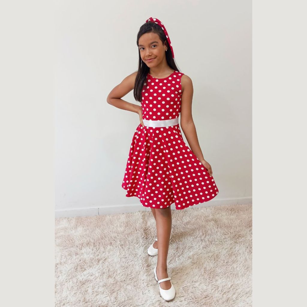 Vestido Infantil Meninas Anos 80 Godê Duplo Poá Bolinha Moda