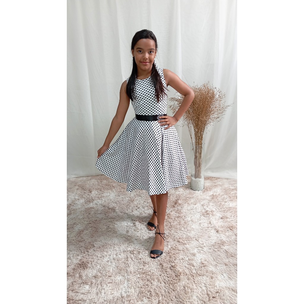 Vestido Infantil Meninas Anos 80 Godê Duplo Poá Bolinha Moda