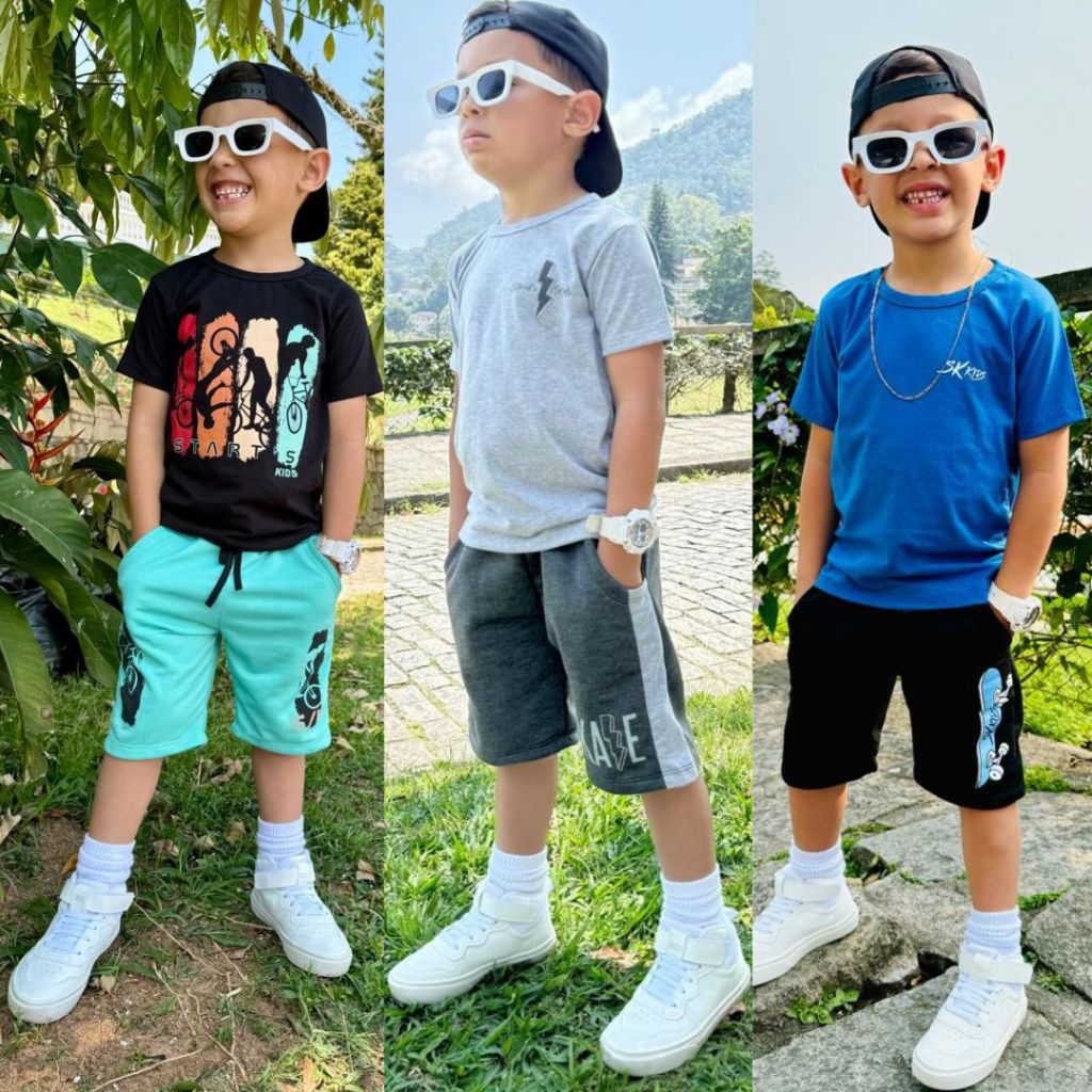 Kit Com 3 Conjuntos infantil Juvenil Lançamento Verão Roupa de menino Camisa e Bermuda 2 ao 14 Anos