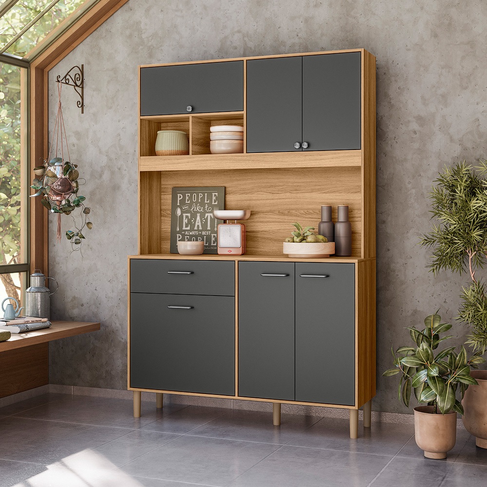 Kit Armário Erva Doce 120 Com Balcão Multiuso 1 Gaveta E 6 Portas Para Cozinha Compacta