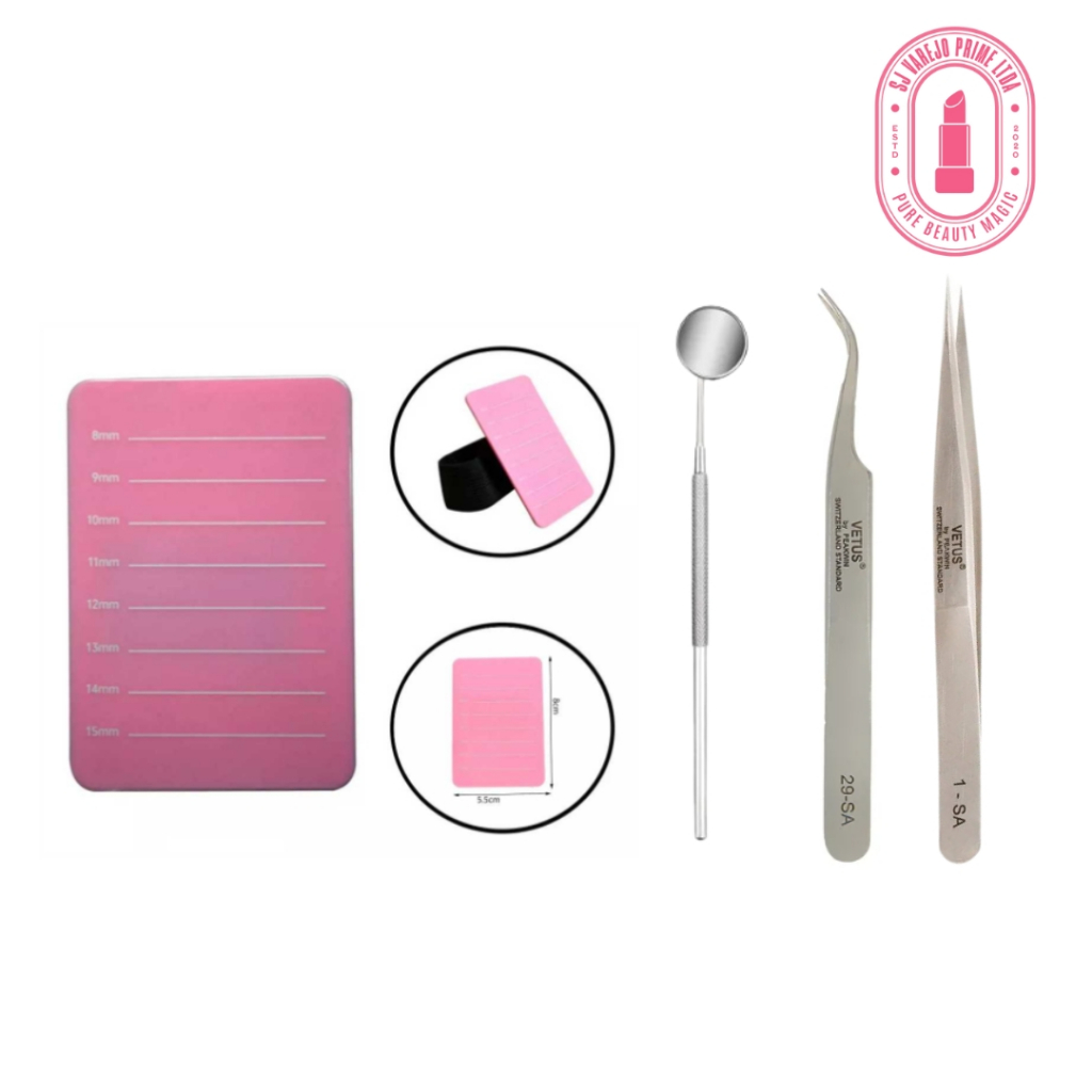 Placa de mão para cilios + espelho de inox + kit de duas pinças