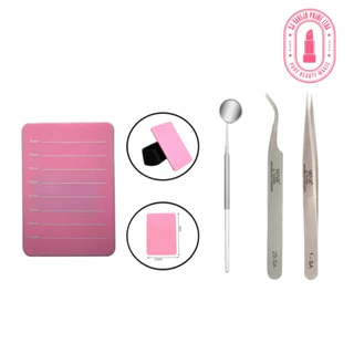 Placa de mão para cilios + espelho de inox + kit de duas pinças