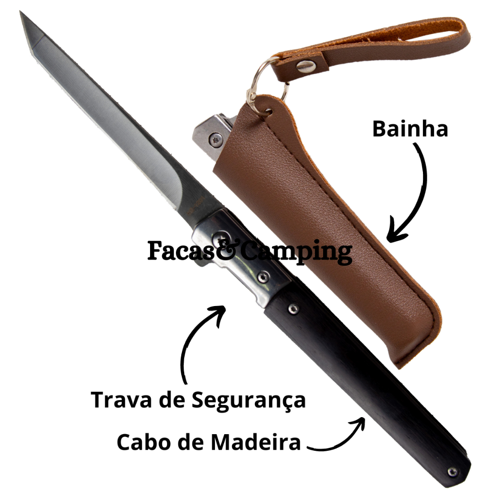 Canivete Stiletto Italiano Semi Automático Madeira Aço Com Bainha