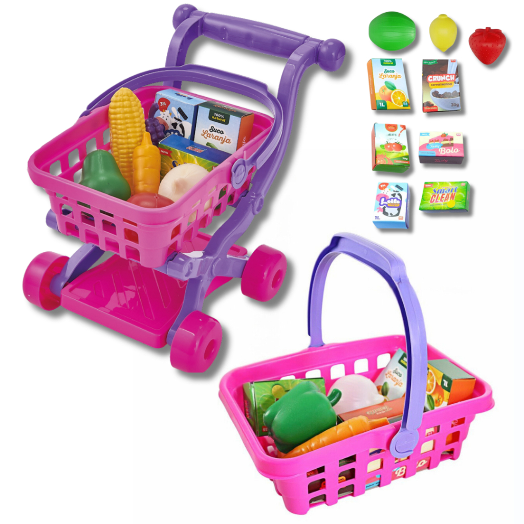 Carrinho Supermercado Brinquedo Criança infantil Cesto Móvel Com 9 ...