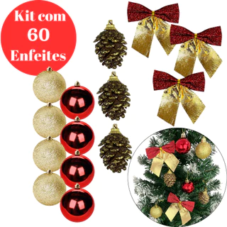 Kit 60 Enfeites De Natal Com 48 Bolas + 12 Enfeites Mistos