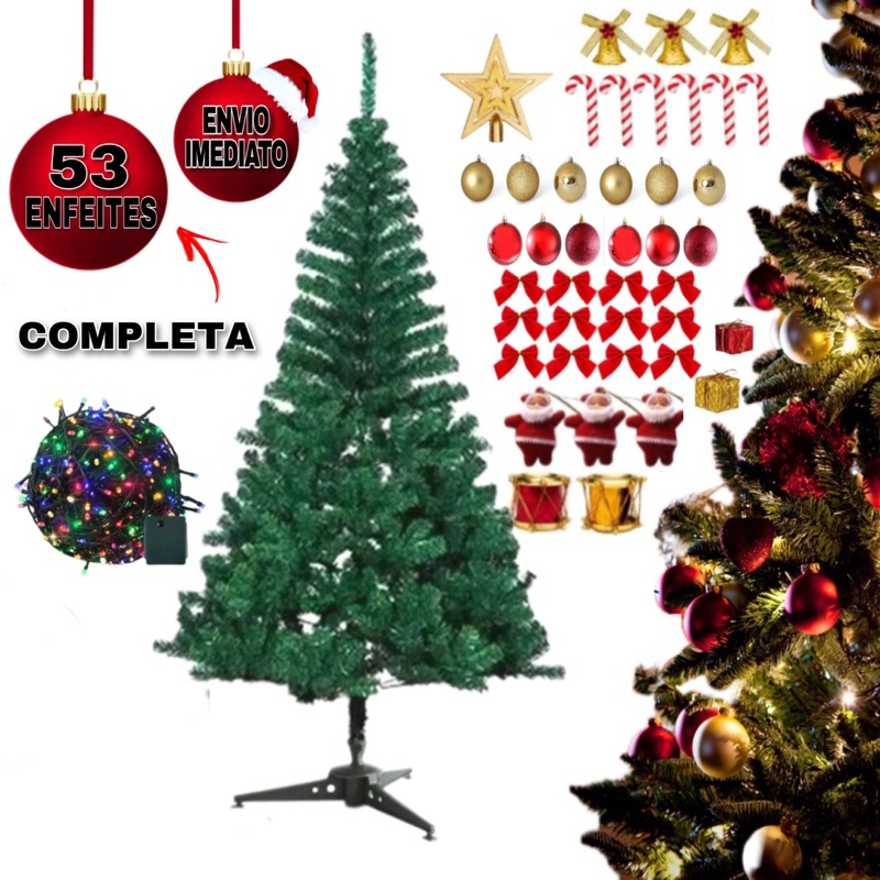 Árvore de Natal Pinheiro Premium 120cm Completa + 53 Enfeites Pisca Pisca Enfeitada Decorada Luxo Enfeites Natalino top