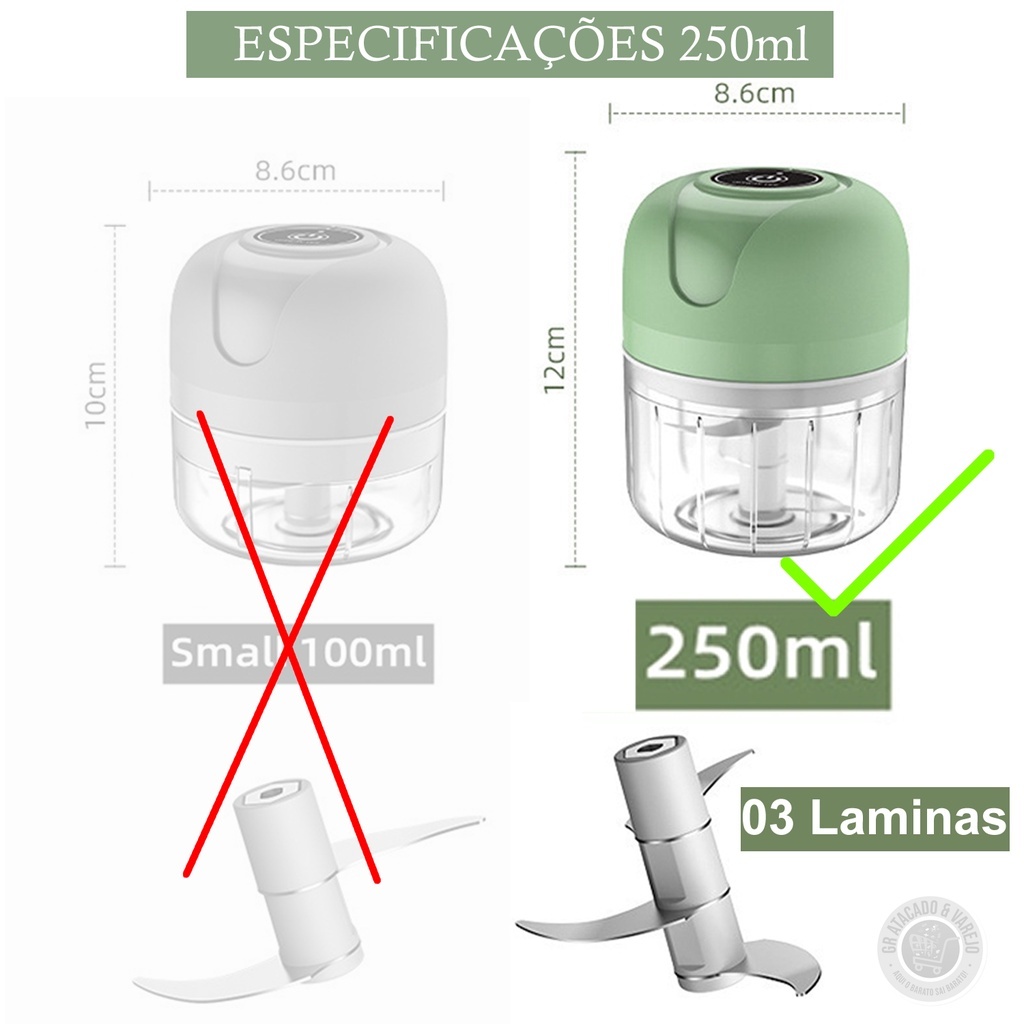 Imagem do produto Mini Processador Elétrico de alho elétrico 250ml com 3 lâminas carne pequeno  recarregável USB 4
