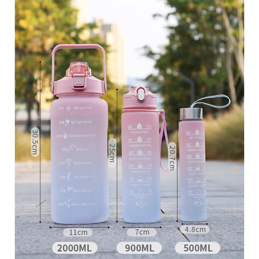 Kit 3 Garrafas De Água Degradê 2Litros e 900ml e300ml Frase Motivacional Canudo Academia Treino Esporte Corrida Natação