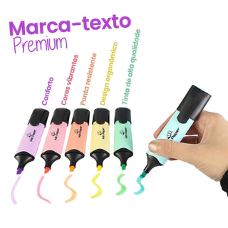 Kit Marcador De Texto Estojo 6 Cores Papel Amarelo Pastel Caneta Escolar Marca Texto