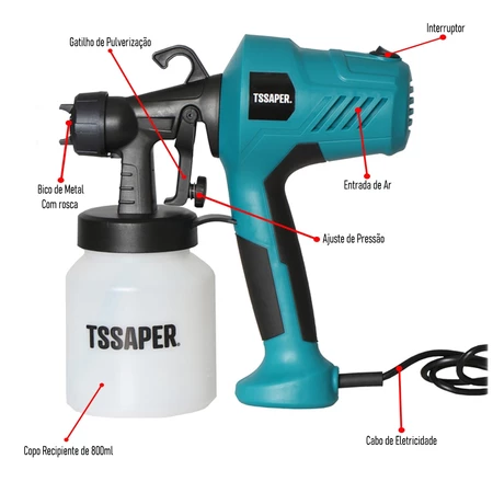 Pistola Elétrica Para Pintura Pulverizador de Tinta com Bico de Metal e Compressor 450w TSSAPER