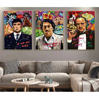 Quadro decorativo 3 peças 50x70 Peaky Blinders Pablo Escobar o poderoso chefão abstrato moderno colorido decoração para