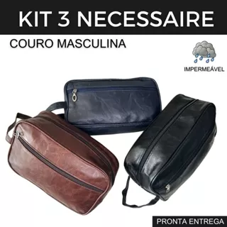 Kit 03 Necessaire Masculina Com Alça Lateral Organizador Mala Viagem Couro - Cor Aleatória em Oferta na Shopee