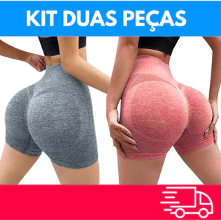 Kit 2 Shorts Fitness Feminino Cintura Alta Academia Levanta Bumbum Sem Costura