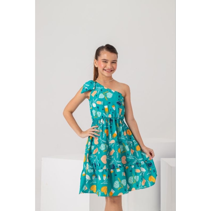 Vestido infantil menina estampado de um ombro Helena estilo festas - Main Image