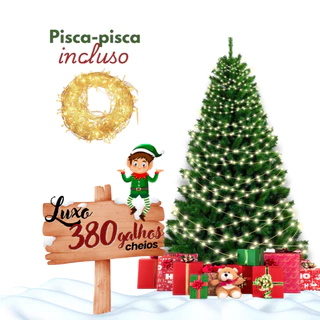Árvore Natal 1,50m com 380 Galhos + Pisca 100 Leds Branco Quente 127v/220v Pinheiro Luxo Premium Galhos Cheios