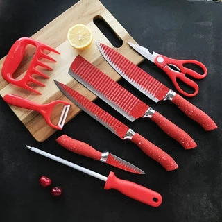 Kit Facas para Churrasco Jogo de 8 Peças em Aço Inox Com Amolador Garra de Carne Descascador