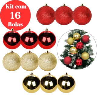 Kit 16 Bolas De Natal Grande 8cm Mista Brilho Glitter Luxo Enfeites Para Árvore