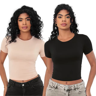 KIT 2: Baby Tee Feminina - Blusa Slim Fit Manga Curta