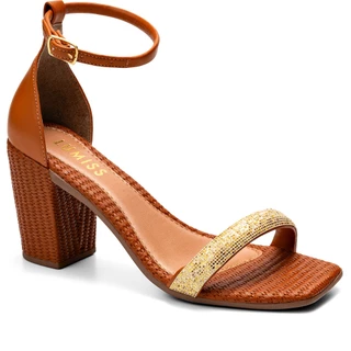 Sandália Feminina Lumiss Strass Tramado Bico Quadrado Salto Alto Bloco Confortável Caramelo