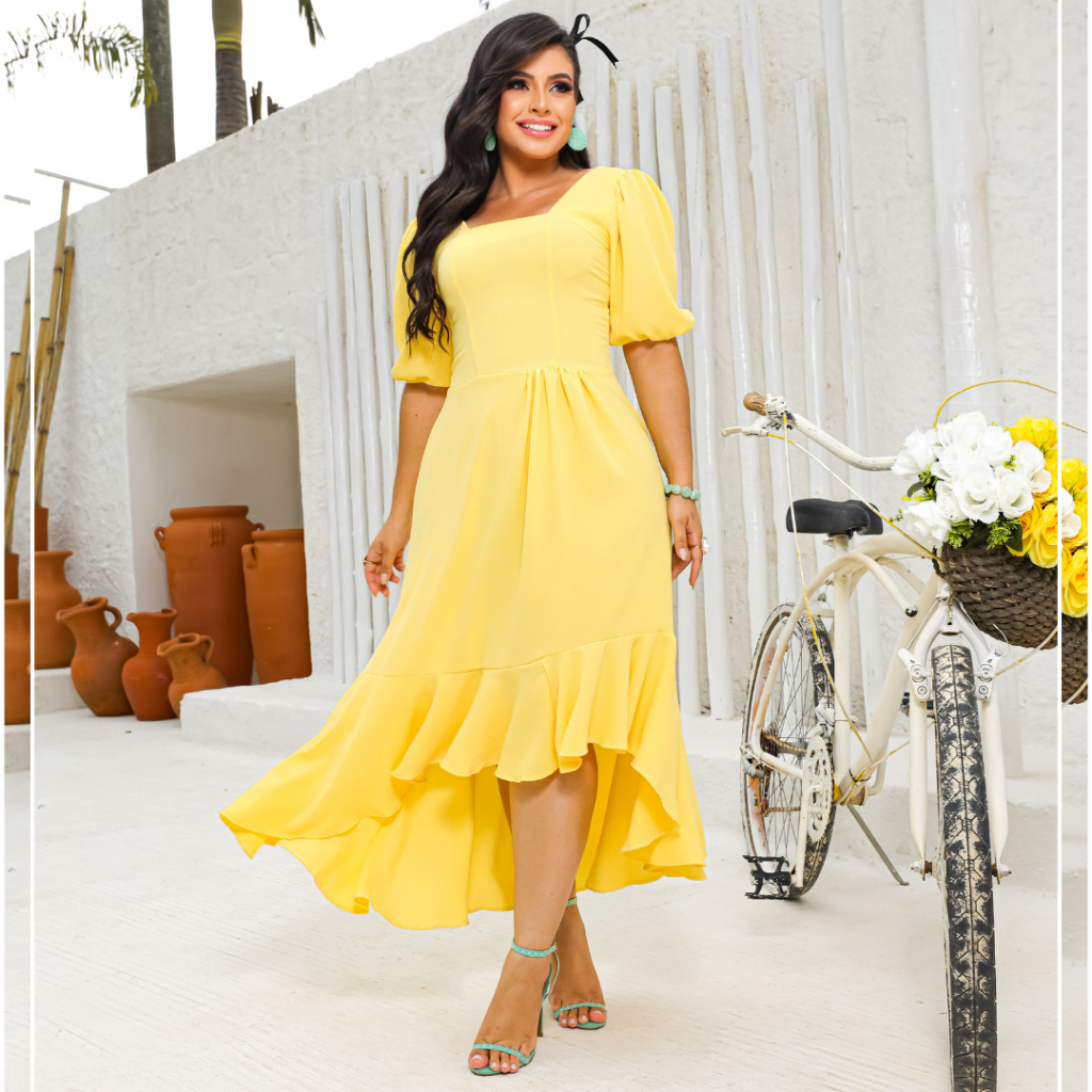 Vestido Mullet Babado Feminino Manga Curta Decote Quadrado